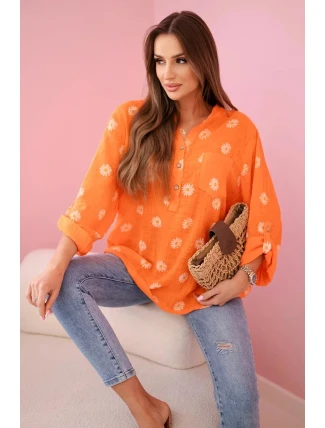 Dámska ľanová blúzka s kvetinovým vzorom, dlhými rukávmi a gombíkmi Oranžová