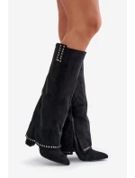 Kozaki Damskie Z Wywiniętą Cholewką Na Słupku Czarne Kaithena