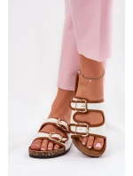 Materiałowe Klapki Damskie Na Korkowej Platformie Z Klamrami Białe Osoffe