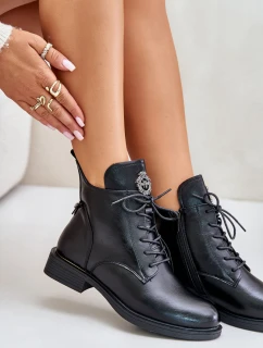 Ocieplane Botki Na Płaskim Obcasie Z Ozdobą Czarne Leonise