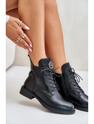 Ocieplane Botki Na Płaskim Obcasie Z Ozdobą Czarne Leonise