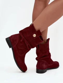 Skórzane Zamszowe Botki Damskie Z Marszczeniem Ocieplane Zazoo 4210 Bordowe