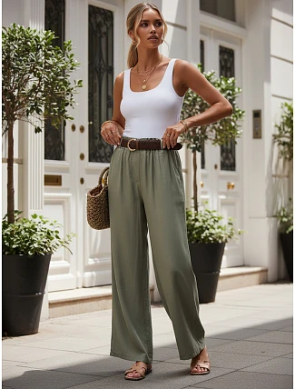 Dámske nohavice z lyocellu so širokými nohavicami, zelené, FashionStreet UY3066 Dámske nohavice z lyocellu so širokými nohavicami, zelené, FashionStreet UY3066