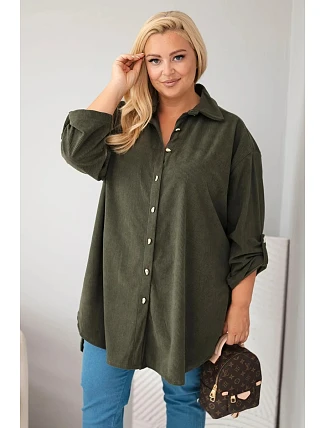 Dámska košeľa Plus Size z viskózového manšestru s odnímateľnými rukávmi v khaki farbe Dámska košeľa Plus Size z viskózového manšestru s odnímateľnými rukávmi v khaki farbe