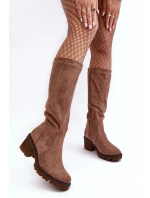 Kozaki Damskie Przed Kolano Na Niskim Obcasie Brązowe Beveta