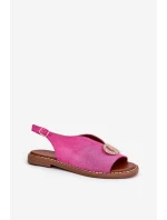 Sandały Damskie Z Ozdobą Na Płaskim Obcasie Eko Zamszowe Różowe Ralisses