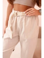 Dámske ľanové nohavice s bavlnou a opaskom béžovej farby