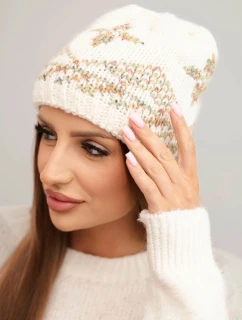Dámska zimná čiapka z vlny a s farebným vzorom K478 ecru