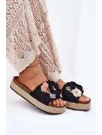 Klapki Damskie Z Kwiatami Platforma Z Plecionką Czarne Zenvanis