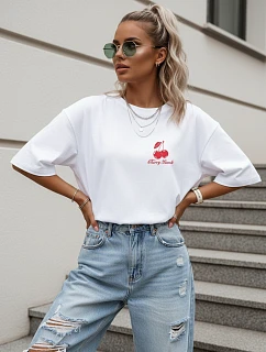 Dámske tričko oversize s potlačou Cherry Bomb, biele, FashionStreet NX9507RY