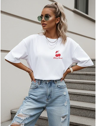 Dámske tričko oversize s potlačou Cherry Bomb, biele, FashionStreet NX9507RY Dámske tričko oversize s potlačou Cherry Bomb, biele, FashionStreet NX9507RY