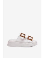 Eko Skórzane Klapki Damskie Na Platformie Z Klamrami Białe Xanivia