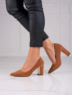 Dámske semišové lodičky na stĺpikovom podpätku GD-OC-100C Camel hnedá - GOODIN