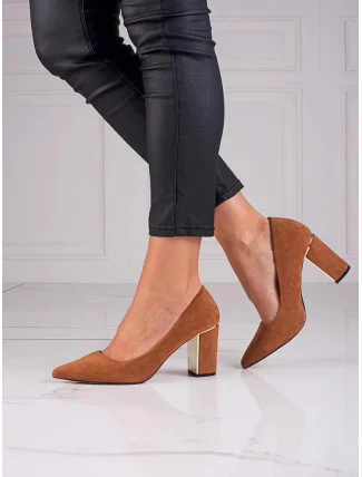 Dámske semišové lodičky na stĺpikovom podpätku GD-OC-100C Camel hnedá - GOODIN