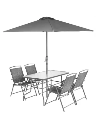 SET ZÁHRADNÉHO NÁBYTKU STÔL 4 STOLIČKY A SLNEČNÍK SIVÝ SET ZÁHRADNÉHO NÁBYTKU STÔL 4 STOLIČKY A SLNEČNÍK SIVÝ
