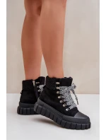 Damskie Ocieplane Botki Trapery Na Platformie Czarne Alcyhen