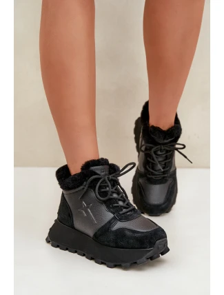 Skórzane Sneakersy Trapery Damskie Z Futerkiem Na Platformie Big Star OO274A329 Czarne
