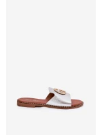 Eko Skórzane Płaskie Klapki Damskie Z Ozdobnym Detalem Srebrne Frelie