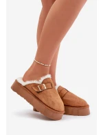 Kapcie Damskie Na Grubej Podeszwie Z Futerkiem I Klamrą Camel Linneola