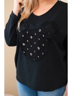 Dámske bavlnené Plus veľkosť V-neck blúzka čierna