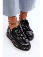 Sznurowane Półbuty Damskie Na Platformie Skóra Naturalna S.Barski LR620 Czarne