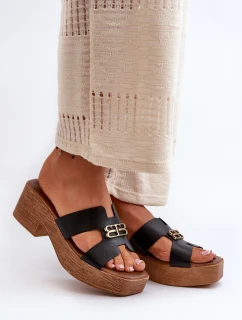 Zazoo 40412 Skórzane Eleganckie Klapki Damskie Ze Złotą Ozdobą Czarne