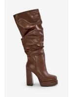 Wsuwane Kozaki Na Słupku I Platformie Z Marszczeniem Ocieplane Brązowe Beridra