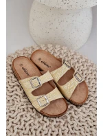 Materiałowe Klapki Na Korkowej Podeszwie Z Klamrami Żółte Atera