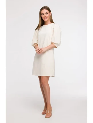 B291 Šaty áčkového strihu s rukávmi - vanilka