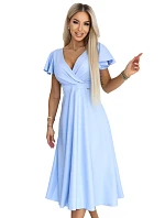 675-1 Midi šaty Blinky s obálkovým výstrihom a brokátovým leskom - modré