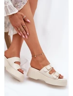 Klapki Damskie Na Koturnie I Platformie Z Klamrami Jasnobeżowe Nitarelia