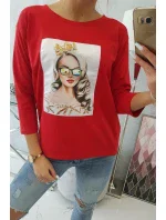 Blúzka s grafikou dievčatá v 3D okuliaroch červená