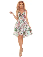 478-1 MAYA Šaty s dlhším zadným dielom, výstrihom a opaskom - PINK FLOWERS