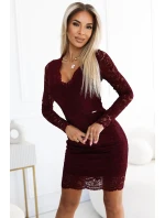 170-14 Čipkované šaty s dlhými rukávmi a výstrihom - DARK bordová