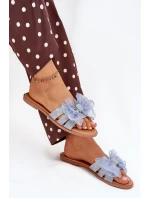 Klapki Damskie Na Płaskim Obcasie Z Tiulową Kokardą Jeansowe Tanira