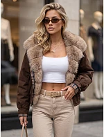 Krátka dámska bunda s odnímateľnou kožušinou, hnedá, FashionStreet TY5839 Krátka dámska bunda s odnímateľnou kožušinou, hnedá, FashionStreet TY5839