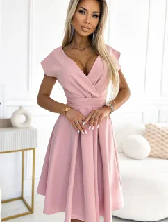 348-9 SCARLETT rozšírené šaty s obálkovým výstrihom a opaskom - púdrovo ružové