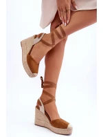 Wiązane Sandały Na Wysokim Koturnie Camel Lendy