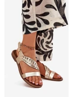 Sandały Damskie Z Naturalnej Skóry Na Płaskim Obcasie Zazoo 3564 Złote