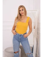 Blúzka bez ramienok s volánikmi v horčicovej farbe