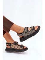 Damskie Wzorzyste Materiałowe Sandały Ze Złotymi Detalami Beżowo-Czarne Pefese