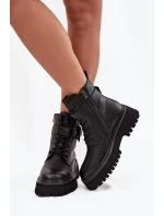 Skórzane Botki Workery Damskie Ocieplane Z Ozdobną Klamrą D&A MK52-032 Czarne