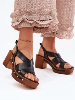 Skórzane Sandały Na Słupku Zazoo 1081 Czarne