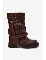 Kozaki Damskie Z Wywiniętą Cholewką Do Połowy Łydki Z Paskiem Czekoladowe Darisa