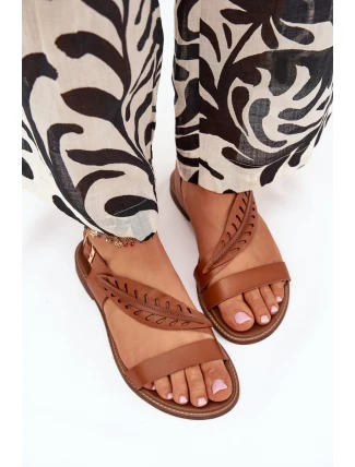 Sandały Damskie Z Naturalnej Skóry Na Płaskim Obcasie Zazoo 3564 Camel