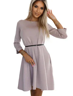 579-1 Klasické trapézové šaty s čiernym opaskom - béžové