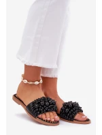 Klapki Damskie Płaskie Z Ozdobnymi Koralikami Czarne Aricca