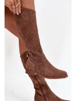 Kozaki Damskie Na Płaskim Obcasie Z Ażurowym Wzorem S.Barski HY52-531 Brązowe