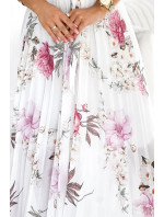 LISA - Plisované dámske midi šaty s výstrihom, volánikmi a so vzorom jarných kvetov na bielom pozadí 434-6