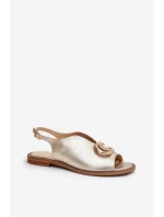 Skórzane Sandały Na Płaskim Obcasie Z Ozdobą Laura Messi 2865 Złote